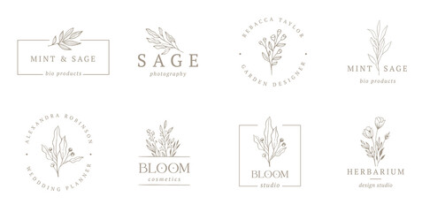Elegant, botanique logo collection, hand drawn illustrations of flowers, leaves and twig, delicate and minimal monogram design
