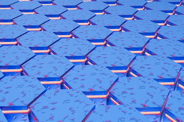 illustration 3D of abstract blue and orange background with hexagon