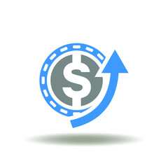 Vector illustration of coin dollar with growth arrow. Icon of money profit. Symbol of upsell. Sign of up-selling.