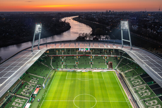 Bremen, Germany - March 2022: lluminated Weserstadion before SV Werder Bremen game night