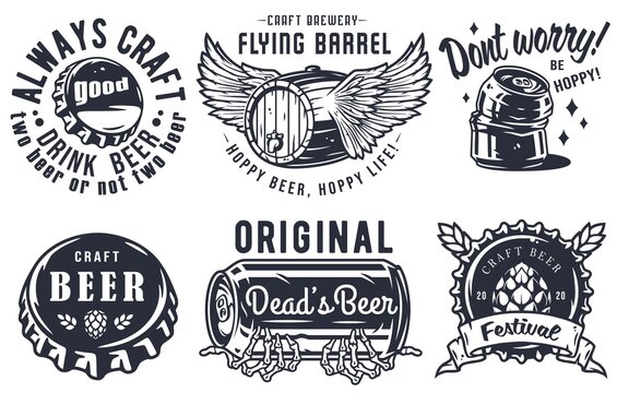 Craft beer brewery emblem set with cork and barrel, can with skeleton