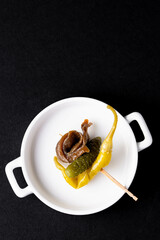 Typical appetiser in Basque country  "gilda" made of spicy pepper, pickled cucumber and anchovy.