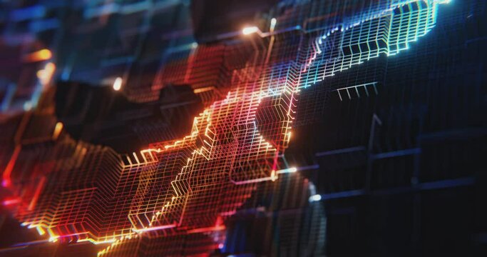 Abstract digital virtual reality matrix, particles grid and cyber space motion background. Math, Science and Technology theme. Geometric grids, abstract elements. 4K loop