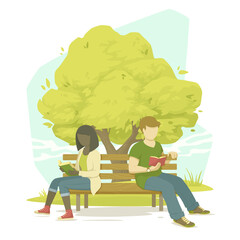 Two people sitting on a bench reading, studying, relaxing. Summer day in the park. Vector illustration.