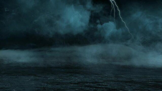 Ocean Rain Storm with Lightning 4K Background features an ocean scene with rain falling, mist moving, and clouds with lightning on the horizon in a near loop.