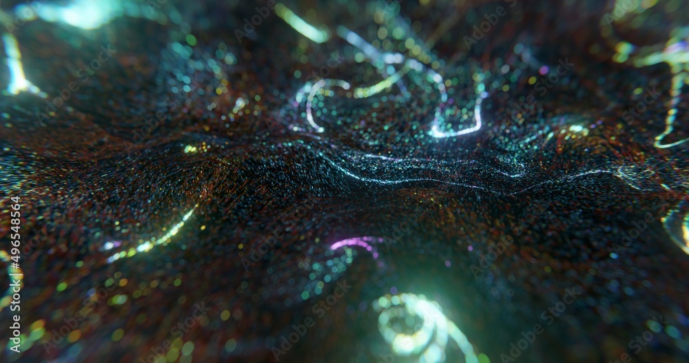 Poster abstract background with colorful light line and particles flowing on black background and bokeh. sw