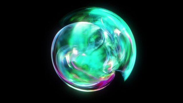 Abstract glowing sphere on dark background. a glass glossy blue and green bubble. Neon illuminated plasma energy orb with particle effect. 4K seamless loop