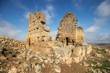 In the first lights of day panoramic view of Zerzevan Castle and Mithras Temple. Çinar, Diyarbakır, Turkey.