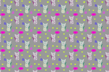 Seamless cute cat pattern, cat wallpaper on gray background.