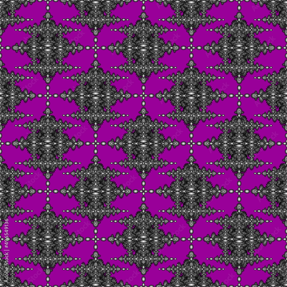 Wall mural Seamless geometric ethnic fabric pattern, black and white floral pattern, Thai fabric pattern design, carpet, wallpaper, curtain, cushion, clothing, batik, purple background fabric pattern