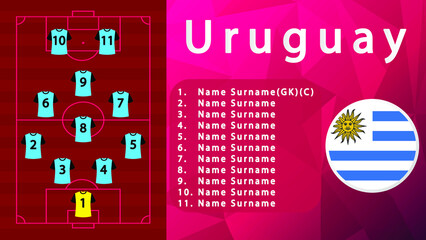Uruguay National Football Team Formation on Football Field.Uruguay Football line-up on Pitch.Soccer tournamet Vector country flags.Vector design.Team formation.Starting lineup.Tactic.Soccer.Football 