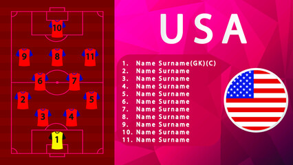 USA National Football Team Formation on Football Field.USA Football line-up on Pitch.Soccer tournamet Vector country flags.Vector design.Team formation.Starting lineup.Tactic.Soccer.Football 