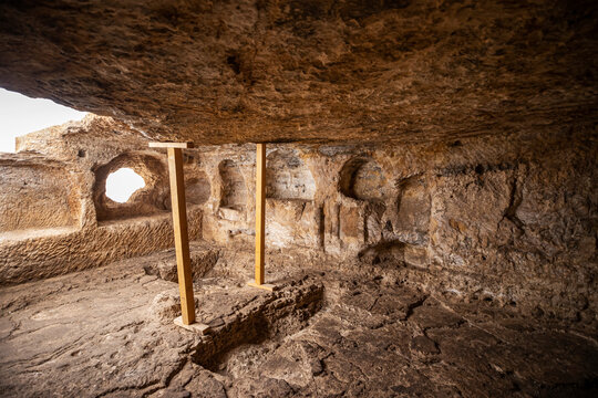 In the first lights of day panoramic view of Zerzevan Castle and Mithras Temple. &Ccedil;inar, Diyarbakır, Turkey.