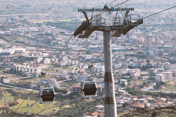 View on the cable car with cable cars and Bursa in Turkey.