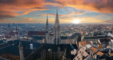 Munich aerial panoramic architecture, Bavaria, Germany. Frauenkirche and town hall on Marienplatz