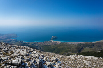 blue sea coast landscape from top of the mountain with island