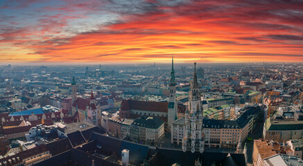 Aerial view on Marienplatz town hall and Frauenkirche in Munich, Germany