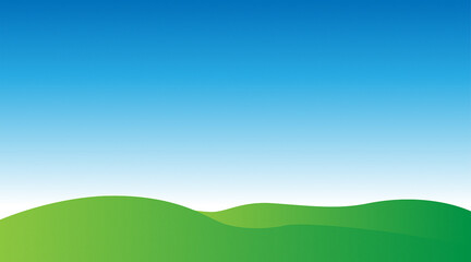 Green fields on a clear blue sky background. Illustration in simple style, noise texture. 