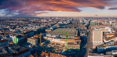 Obraz premium Munich aerial panoramic architecture, Bavaria, Germany. Frauenkirche and town hall on Marienplatz