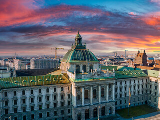 Munich aerial panoramic architecture, Bavaria, Germany. Frauenkirche and town hall on Marienplatz