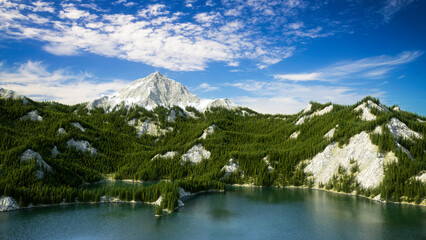 Obraz premium Wide scenic view of a fantasy landscape with large lake, mountains covered in fir trees and a snow covered peak in the distance. 3D illustration.