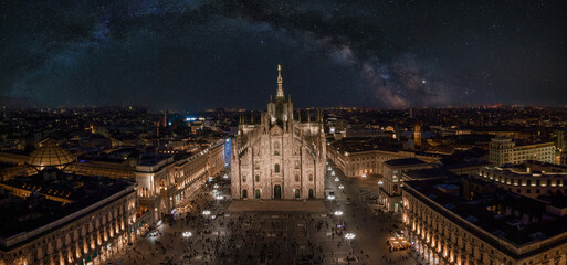 Aerial view of Piazza Duomo in front of the gothic cathedral in the center. Drone view of the...
