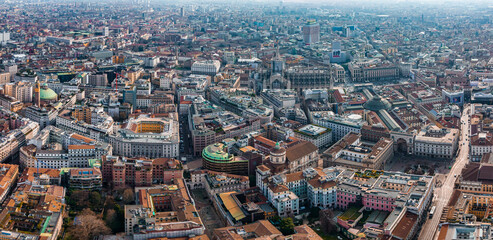 Aerial view of Piazza Duomo in front of the gothic cathedral in the center. Drone view of the...