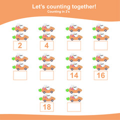 Fototapeta premium Counting the easter chickens for Preschool Children. Counting multiples of two. Educational printable math worksheet. Additional worksheet for kids. Vector illustration.