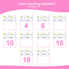Counting the easter chickens for Preschool Children. Counting multiples of two. Educational printable math worksheet. Additional worksheet for kids. Vector illustration.
