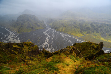 A view of braided glacial rivers from the summit of Mt. Valahnúkur, Thórsmörk National Park, Iceland