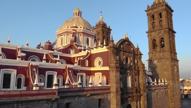 Cathedral de Puebla aerial drone shot of Central Iglesia in Puebla de Zaragoza, Mexico, Zocalo square