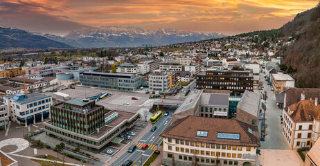 Aerial view of Vaduz - the capital of Liechtenstein. Beautiful city of Liechtenstein.