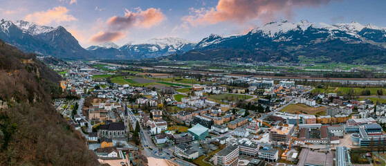 Naklejka premium Aerial view of Vaduz - the capital of Liechtenstein. Beautiful city of Liechtenstein.