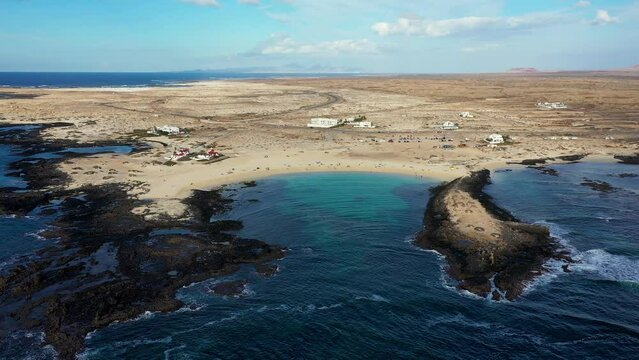 View of the beautiful Playa Chica Beach, El Cotillo, Fuerteventura, Canary Islands, Spain. White sand beach and turquoise blue water La Concha beach in El Cotillo, Fuerteventura, Canary Islands