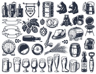 Craft beer brewery set with barrel, bear, hop seed and can, barley and bottle, collection of glasses