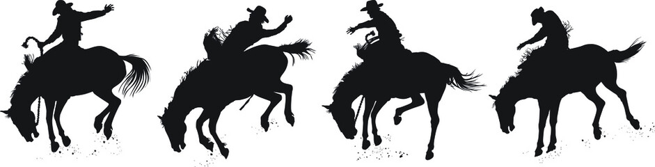 Vector silhouettes of a rodeo cowboy riding a bucking bronc. A saddle bronc rider and a bareback bronc rider. - obrazy, fototapety, plakaty
