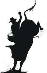 Vector silhouette of a rodeo cowboy riding a bucking bull.