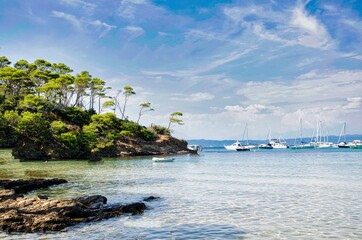 the beautiful beaches of the island of porquerolles, off the french riviera (Hyeres), in france. The island that looks like the islands of the Caribbean - obrazy, fototapety, plakaty