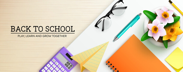 Back to school vector design. Back to school text in study table with notebook, calculator and ball pen elements for educational learning copy space decoration. Vector illustration.
