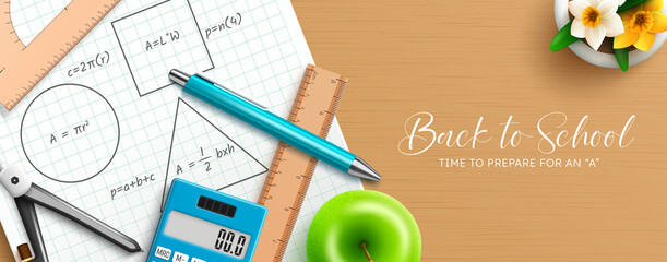 Back to school vector design. Back to school text in study table with lesson notes, ball pen and calculator for math advance learning education. Vector illustration.
