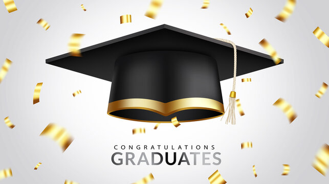 Graduation greeting vector design. Congratulations graduates text with 3d mortarboard cap and elegant confetti elements for college grad celebration. Vector illustration.  
