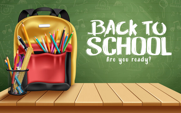Back to school vector design. Back to school text in chalkboard background with backpack bag and color pencil items for kids educational learning. Vector illustration.
