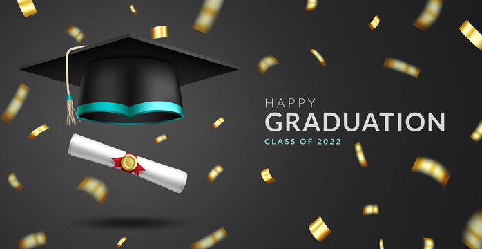 Graduation greeting vector design. Happy graduation text with mortarboard cap, diploma and confetti elements for class of 2022 graduates celebration. Vector illustration.  
