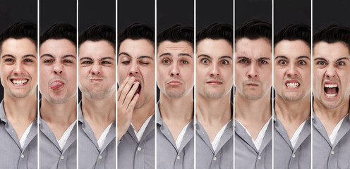 Displaying his many moods. Composite image of a young man displaying different personalities.