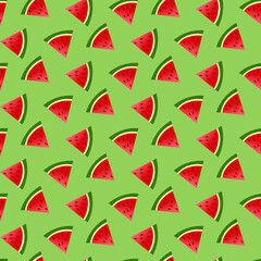 Pattern with watermelon pieces. Vector drawing on a green background. Fruit illustration. For packaging, menus, flyers, cards and covers, booklets and prints, children clothing, fabric, scrapbooking