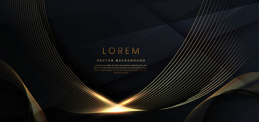 3D modern luxury template design golden wave stripes line with light glow effect on black background.