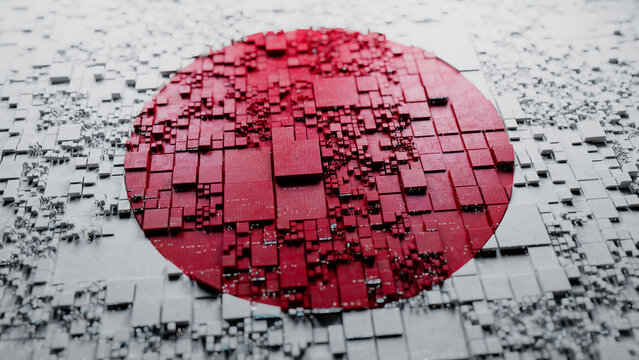 Japanese Flag rendered as Futuristic 3D blocks. Japan Network Concept. Tech Wallpaper.