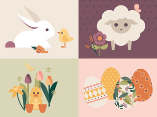 Easter Bunny. Chick. Lamb. Duck. Decorated Eggs. Set of flat vector illustrations. Easter egg hunt invitations and cards. Flowers. Floral. Spring. Greeting. Brunch. Holiday. Cute Baby Animals.