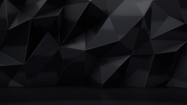 Modern Product Stage with Black 3D Wall. Dark Interior Design Wallpaper.