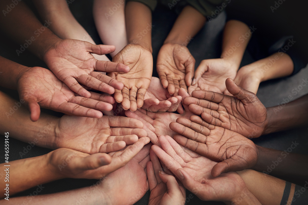 Aufkleber let your hands do the talking. high angle shot of a group of unrecognizable peoples hands out with t
